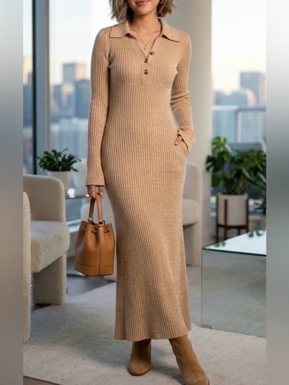 Dissh Beige Ribbed Knit Maxi Dress with Collar
Size S